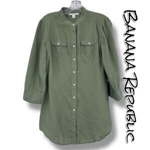 Banana Republic Olive Green Silk Utility Shirt Roll Tab Sleeves Womens Sz Small